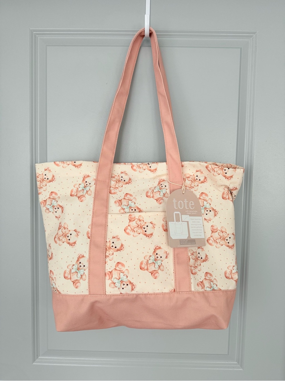 NWT Pink Teddy Print Canvas Tote Bag / Baby Bag